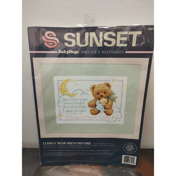 Dimensions Sunset Counted Cross Stitch Kit Cuddly Bear Birth Record  13591 Vtg - Picture 3 of 10